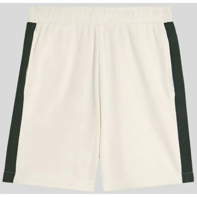 Beige shorts with dark green side stripes displayed on a model