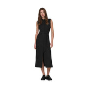 Beigefarbenes, ärmelloses Midikleid aus Leinenviskose mit hohem Kragen und Bindegürtel