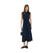Marineblaues, ärmelloses Leinen-Viskose-Kleid mit Knopfleiste, Taillengürtel und Kragen