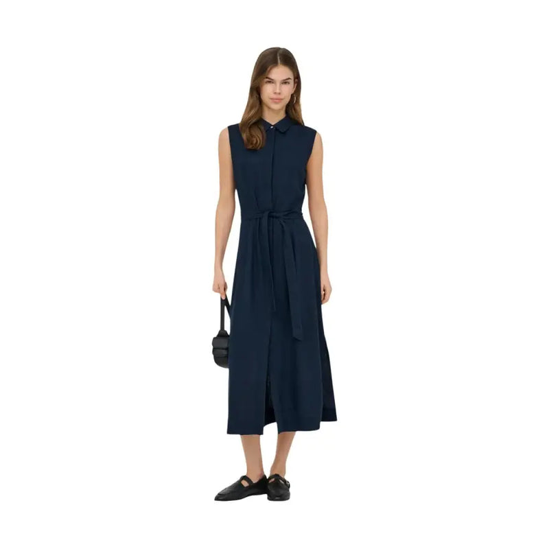 Marineblaues, ärmelloses Leinen-Viskose-Kleid mit Knopfleiste, Taillengürtel und Kragen