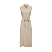 Beige sleeveless linen viscose dress with collar button down front and tied waistband belt for a polished look