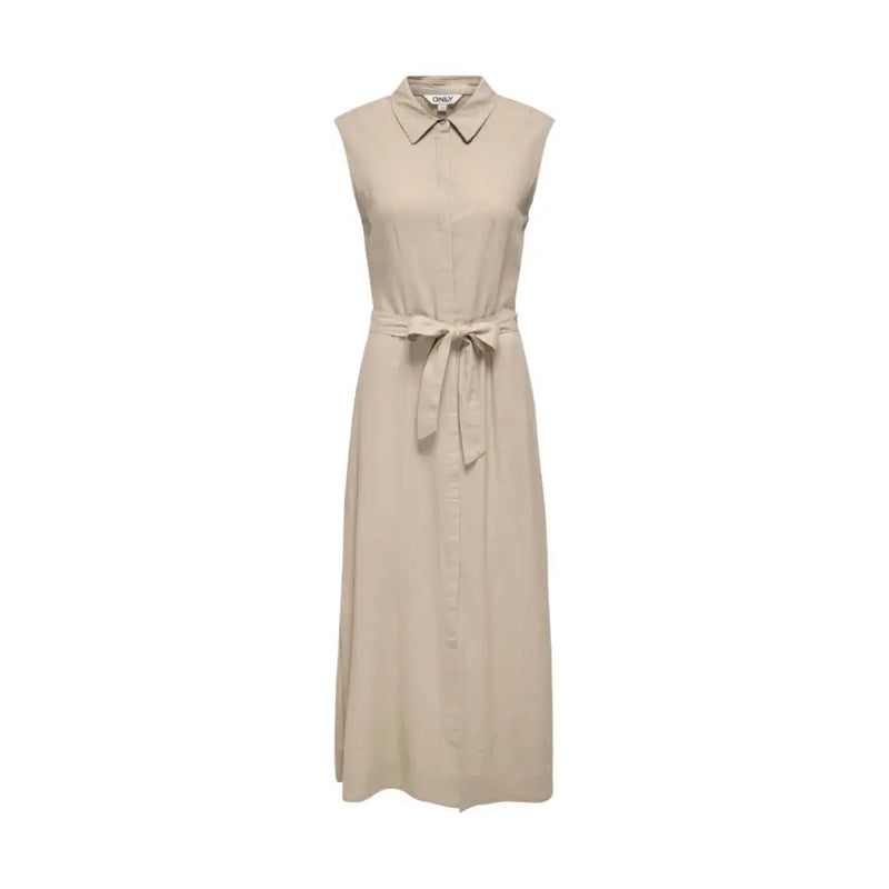 Beige sleeveless linen viscose dress with collar button down front and tied waistband belt for a polished look