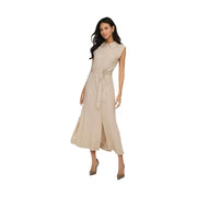 Beige sleeveless linen viscose dress with button-up front tied waist and side slits for a stylish summer look