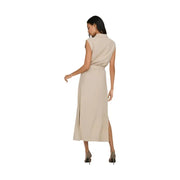 Beige sleeveless linen viscose midi dress with collar side slit and belt for elegant casual wear