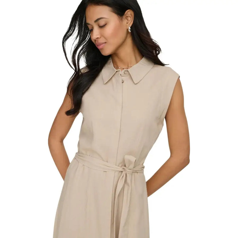 Beige sleeveless linen viscose dress with collar button front and tied waist belt for elegant casual wear