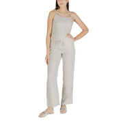 Light gray sleeveless polyester jumpsuit with drawstring waist