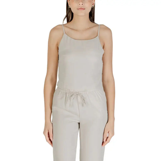 Light gray sleeveless polyester jumpsuit with spaghetti straps and drawstring waist for women