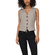 Beige sleeveless v neck gilet for women in light gray textured fabric with black buttons and two front pockets
