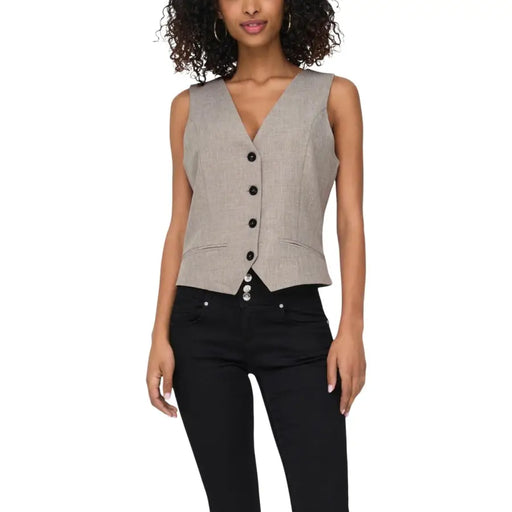 Beige sleeveless v neck gilet for women in light gray textured fabric with black buttons and two front pockets