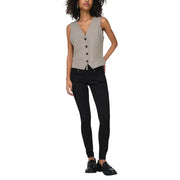 A sleek sleeveless gray vest with v neck and button closure designed as a beige sleeveless v neck gilet for women