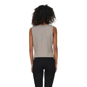 Beige sleeveless v neck gilet for women in light gray linen with subtle texture and straight hemline front view