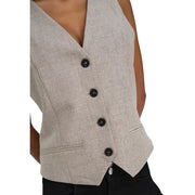 Beige sleeveless v neck linen gilet for women with black buttons and two side pockets