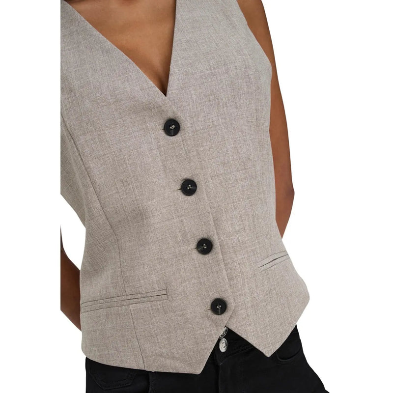 Beige sleeveless v neck linen gilet for women with black buttons and two side pockets