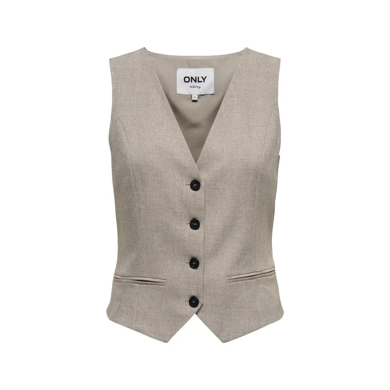 Beige sleeveless v neck gilet for women made of linen with black buttons and subtle textured weave featuring brand label