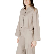 Beige viscose long sleeve cropped shirt with collar and button closure for women in a formal style