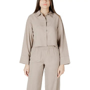 Beige viscose long sleeve round neck blouse for women with relaxed fit button-up design and pleated cuffs