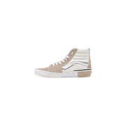 Beige and white high-top Vans sneaker showcased in a product image
