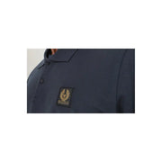 Marineblaues, strukturiertes Langarm-Poloshirt aus Baumwolle mit schwarzem und goldenem Belstaff-Logoaufnäher auf der Brust B 44827