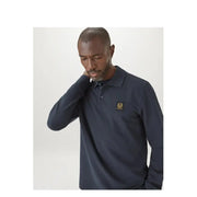 Marineblaues Belstaff Herren-Poloshirt aus Baumwolle mit langen Ärmeln und goldfarbenem, gesticktem Logo-Patch auf der Brust
