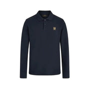 Belstaff Herren-Polohemd aus Baumwolle mit langen Ärmeln, blau mit dunkelblauen Akzenten, goldgesticktem Logo auf der Brust und geknöpftem Kragen.