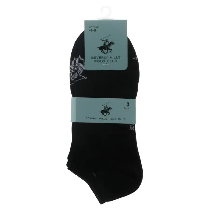 Beverly Hills Polo Club men’s black ankle socks with white floral pattern in light blue branded packaging
