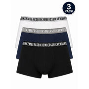 Dreierpackung Bikkembergs Herren-Boxershorts aus dehnbarem Baumwollgewebe in Weiß, Marineblau und Schwarz mit Markenbund.