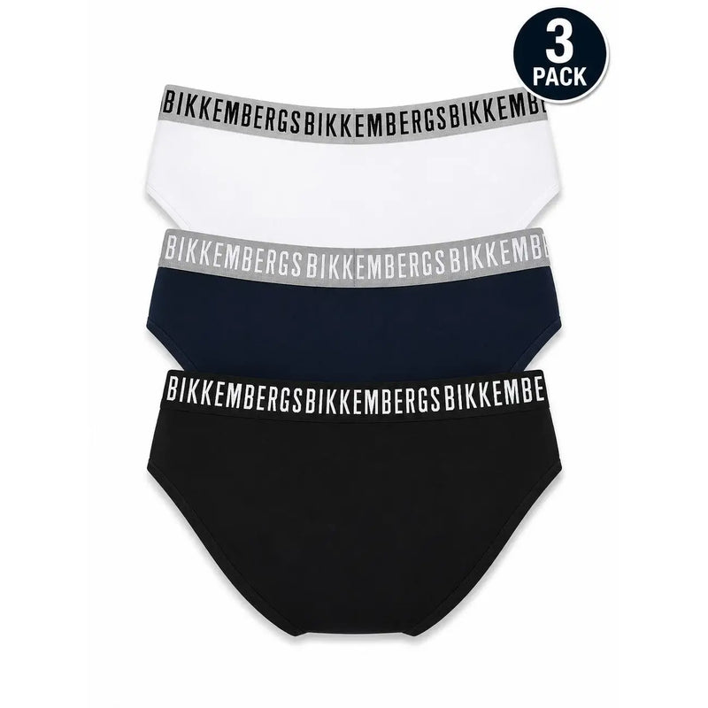 Bikkembergs Dreierpack Herren-Baumwollunterwäsche-Slips in Weiß, Marineblau und Schwarz mit Marken-Gummibund