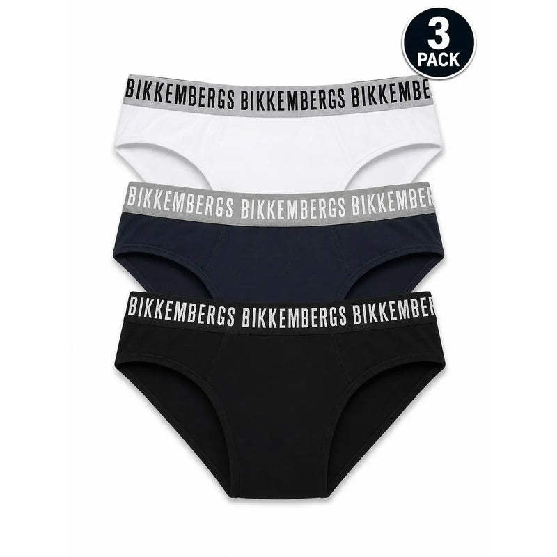 Dreierpackung bikkembergs Herren-Baumwollslips in Weiß, Marineblau und Schwarz mit sich wiederholenden Logostreifen