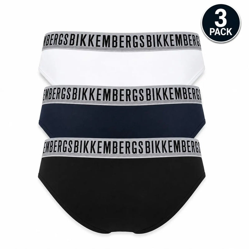 Dreierpackung bikkembergs Weiße Herren-Stretch-Slips aus Baumwolle in Weiß, Marineblau und Schwarz mit grauem Markenbund