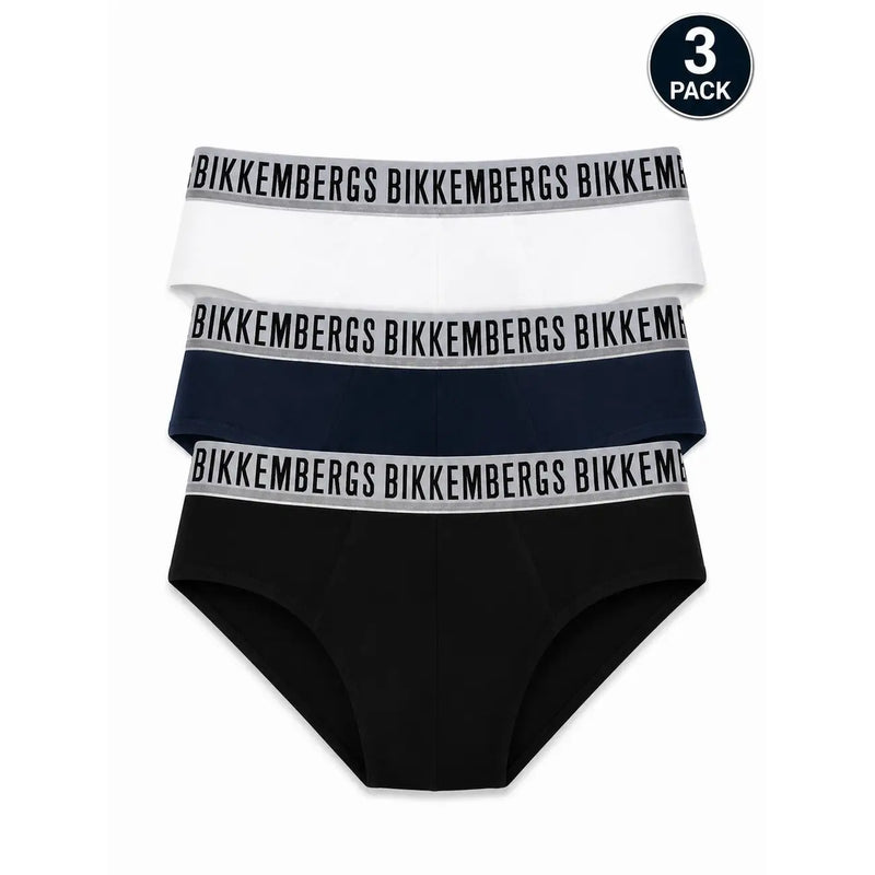 Bikkembergs Herrenunterwäsche aus weißer Baumwolle, Stretch-Passform, Dreierpack in Weiß, Marineblau und Schwarz, Slips mit grauem Markenbund