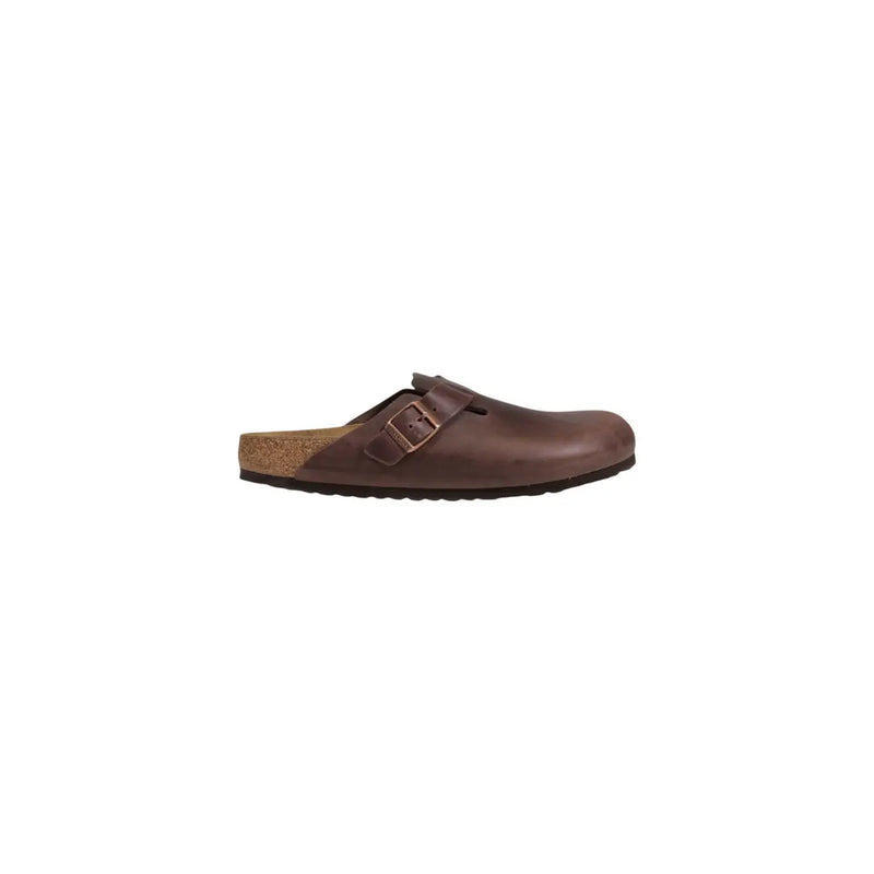 Birkenstock Herren-Boston-Sandalen aus braunem Leder mit Korkfußbett und Metallschnalle im Clog-Design