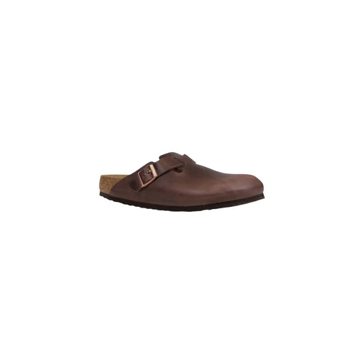 Birkenstock Herren-Boston-Sandalen aus braunem Leder mit Korkfußbett und Metallschnalle, von der Rückseite gesehen