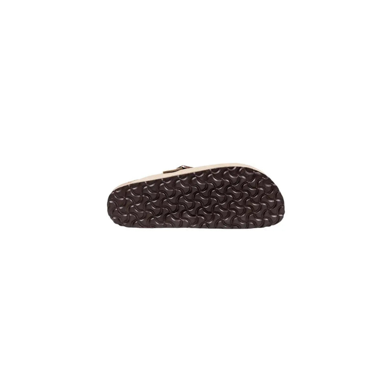 Cremefarbene Birkenstock Herren-Ledersandalen mit beigem, weichem Boston-Fußbett und dunkelbrauner, profilierter Gummisohle