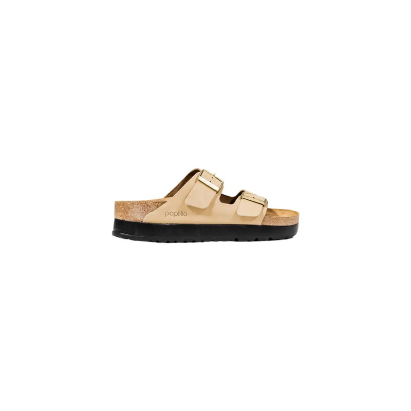 Birkenstock Damen-Sandalen Arizona aus beigem Synthetikmaterial mit zwei verstellbaren Riemen und Korkfußbett