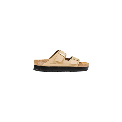 Birkenstock Damen-Sandalen Arizona aus beigem Synthetikmaterial mit zwei verstellbaren Riemen und Korkfußbett