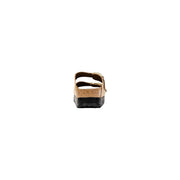 Birkenstock Damen-Hausschuhe Arizona, beige, aus Synthetik, mit goldfarbenem Korkfußbett und schwarzer Gummisohle, Vorderansicht