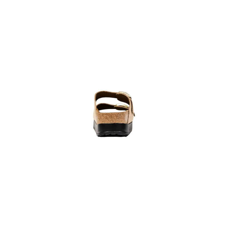 Birkenstock Damen-Hausschuhe Arizona, beige, aus Synthetik, mit goldfarbenem Korkfußbett und schwarzer Gummisohle, Vorderansicht
