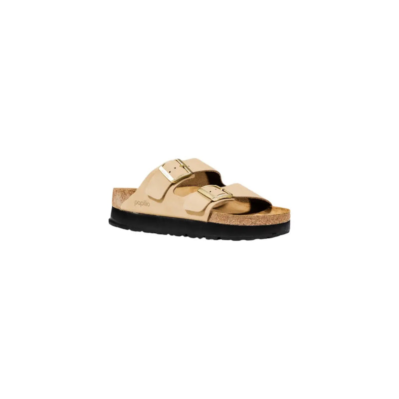 Beige Birkenstock Arizona Sandale für Damen aus Leder mit zwei Riemen, Korkfußbett und schwarzer Gummisohle