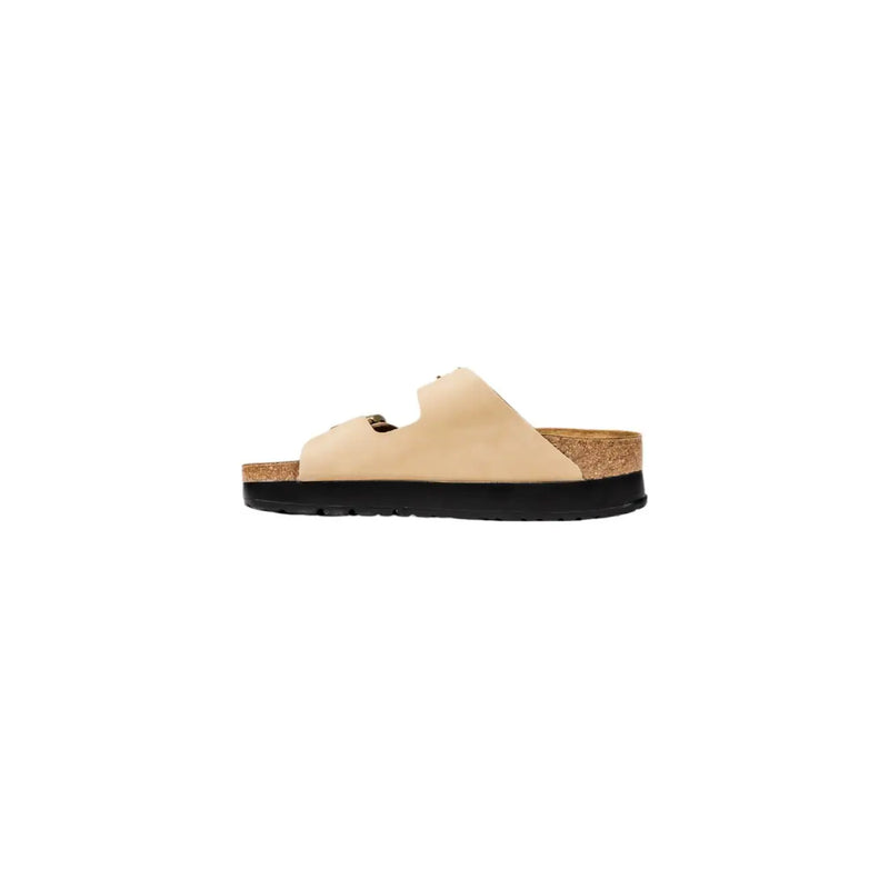 Birkenstock Damen-Sandalen aus beigefarbenem Synthetikmaterial mit zwei Riemen, Korkfußbett und schwarzer Gummisohle