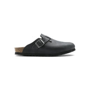Schwarze Birkenstock Boston Sandalen für Damen aus Leder mit silberner Schnalle und Korkfußbett im Clog-Design