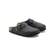 Birkenstock Damen-Sandalen Boston aus schwarzem Leder mit silberner Schnalle und Korkfußbett