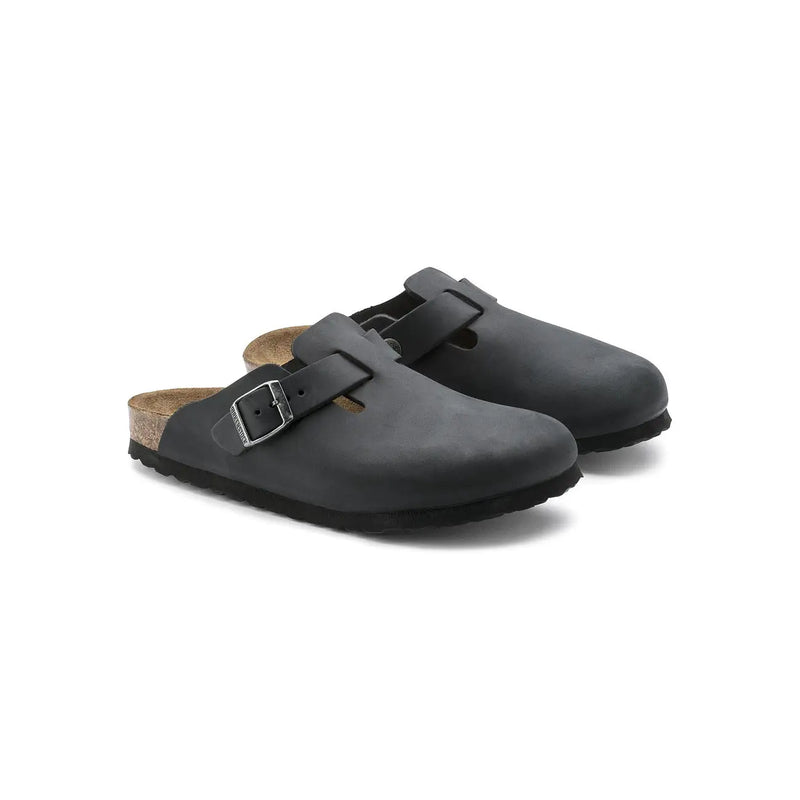Birkenstock Damen-Sandalen Boston aus schwarzem Leder mit silberner Schnalle und Korkfußbett