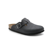 Birkenstock Damen-Sandalen Boston aus schwarzem Leder mit silberner Schnalle und Korkfußbett, von der Rückseite gesehen