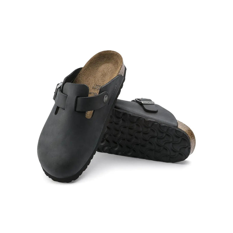Schwarze Birkenstock Boston Clog-Sandalen für Damen aus Leder mit Korkfußbett und strapazierfähiger Gummisohle für hohen Tragekomfort