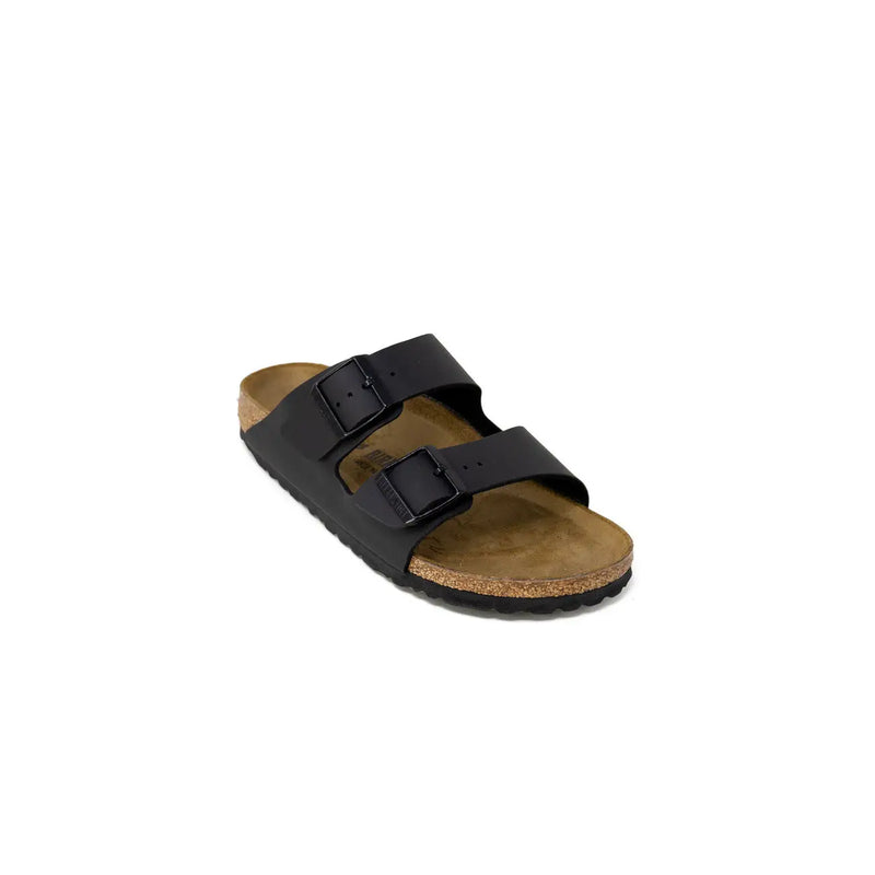 Birkenstock women black slippers with two adjustable straps and cork footbed casual buckle sandals