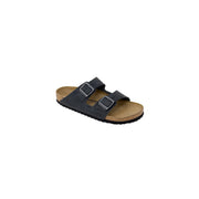 Birkenstock women black leather arizona sandal with two silver buckle straps and cork footbed size 3