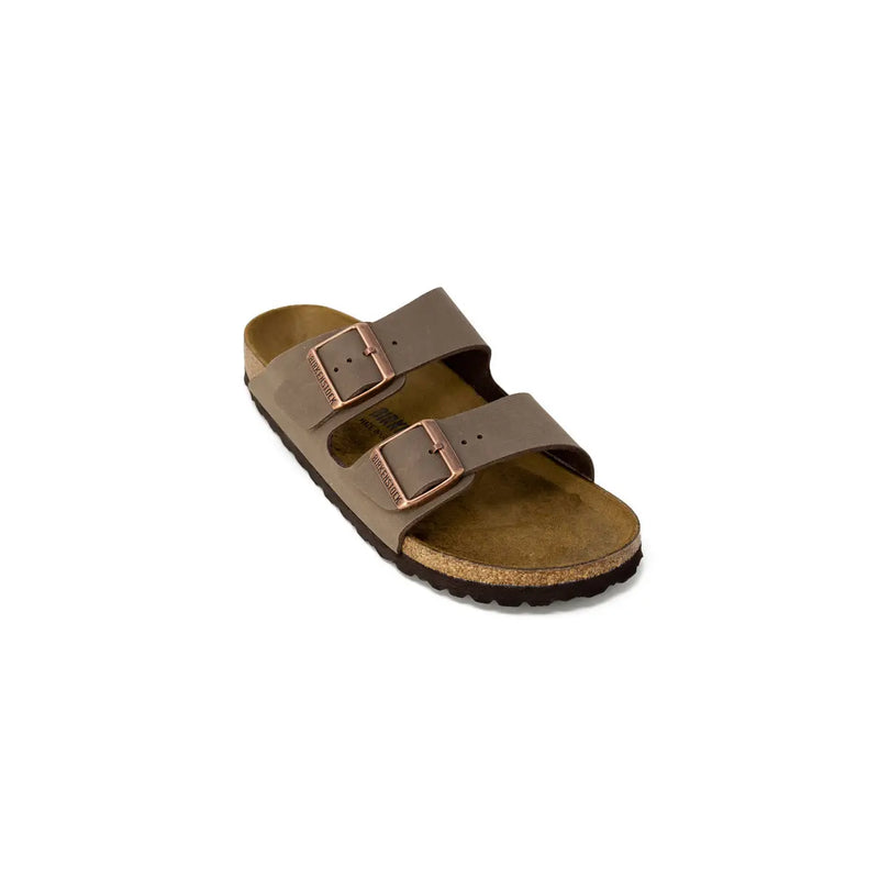 Birkenstock women brown leather Arizona sandal with two adjustable straps and rose gold-tone buckles size 3