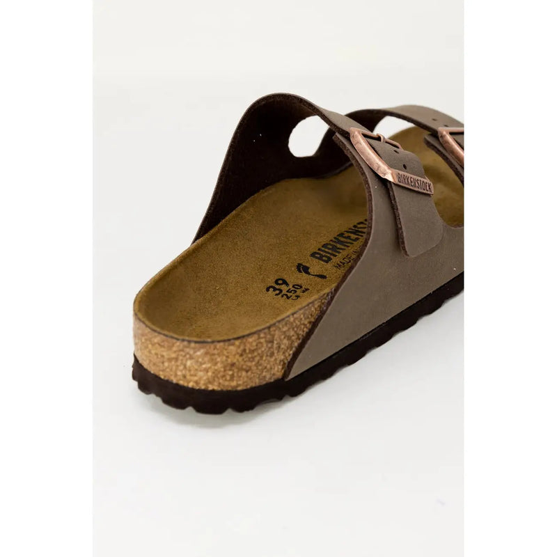 Birkenstock women brown leather sandals size 3 with rose gold-toned buckles and cork footbed shown from the back