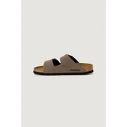 Birkenstock women brown leather sandals size 3 with gray suede two-strap design and cork footbed visible from back side