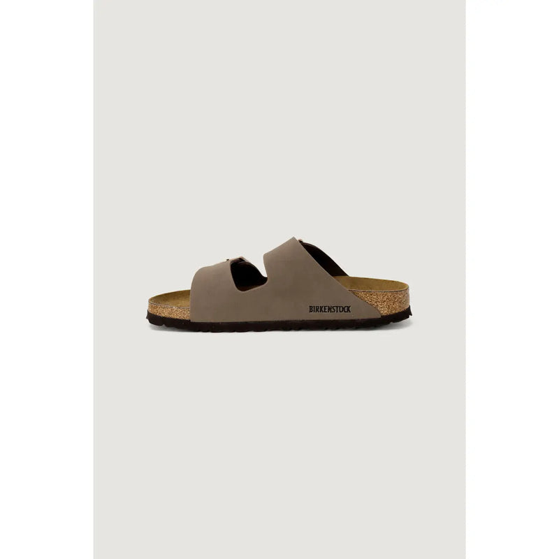 Birkenstock women brown leather sandals size 3 with gray suede two-strap design and cork footbed visible from back side